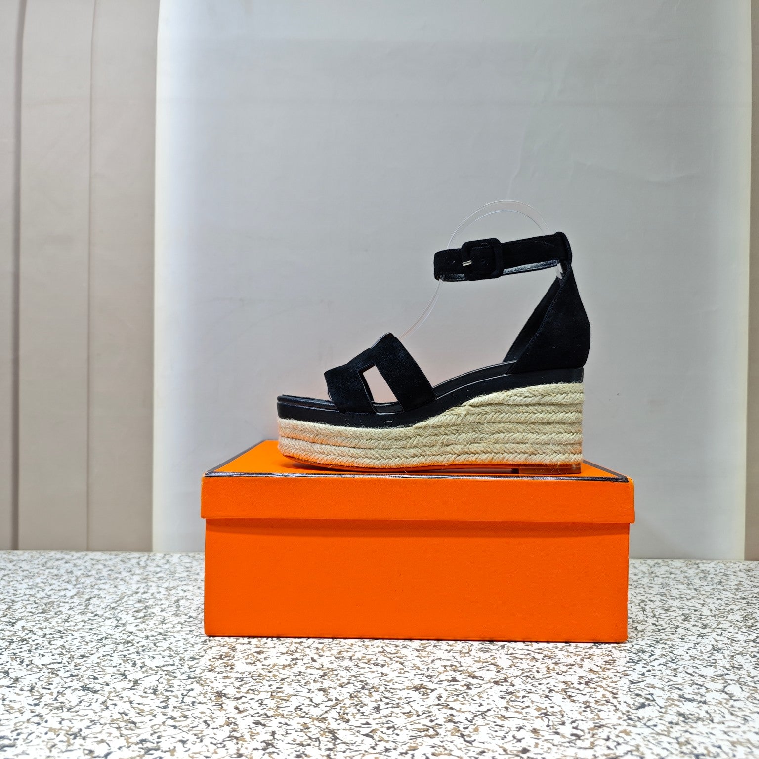 HERMES ELDA ESPADRILLE 80 BLACK SUEDE