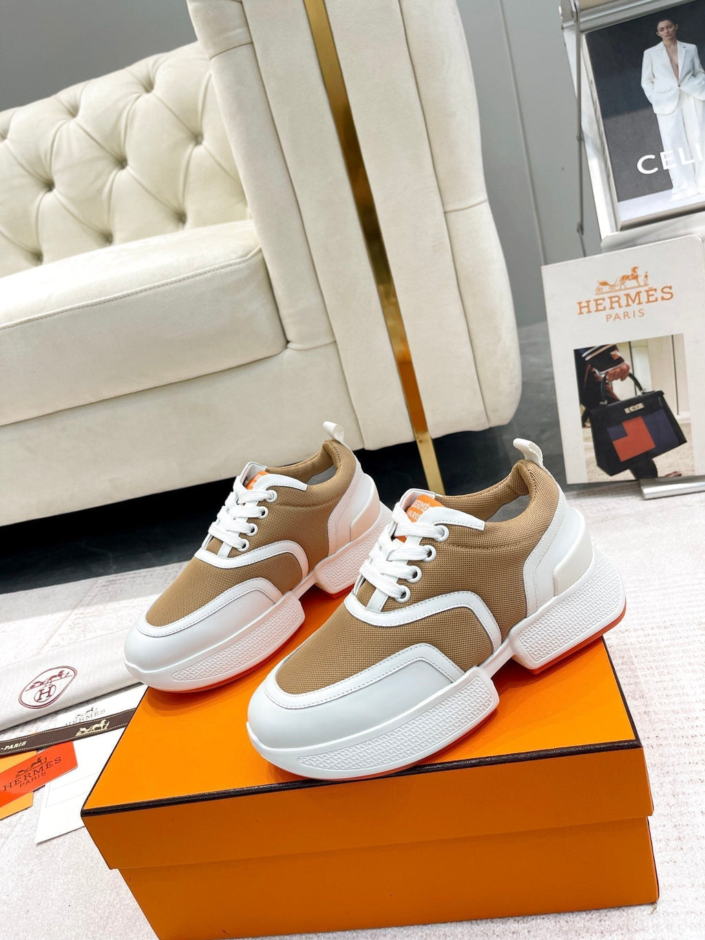 HERMES GIGA SNEAKER IN CIDER BROWN STITCHED MESH AND WHITE CALFSKIN