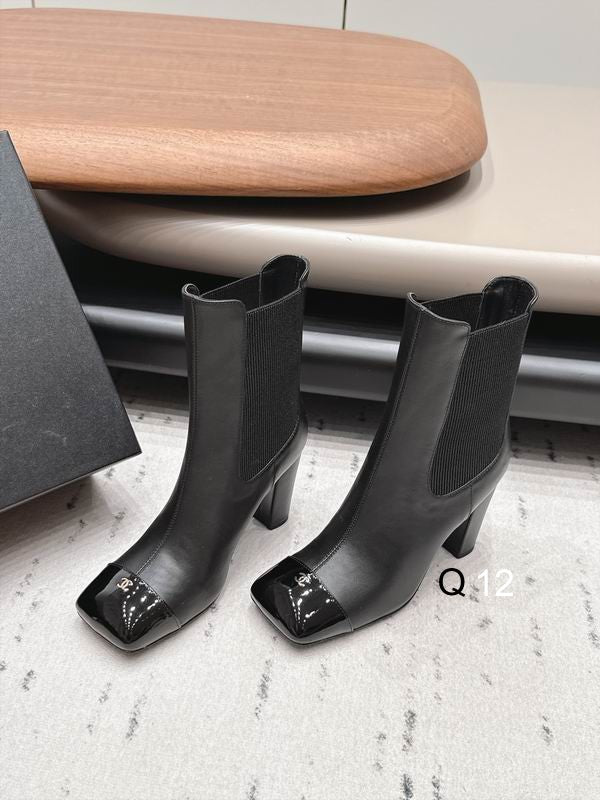 Chanel Black Leather Chelsea Ankle Boots with Patent Cap Toe