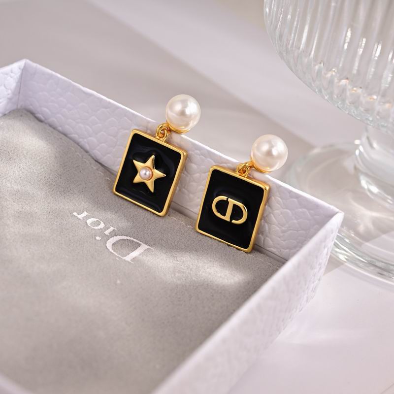 Dior Pearl & Black Enamel Square Drop Earrings