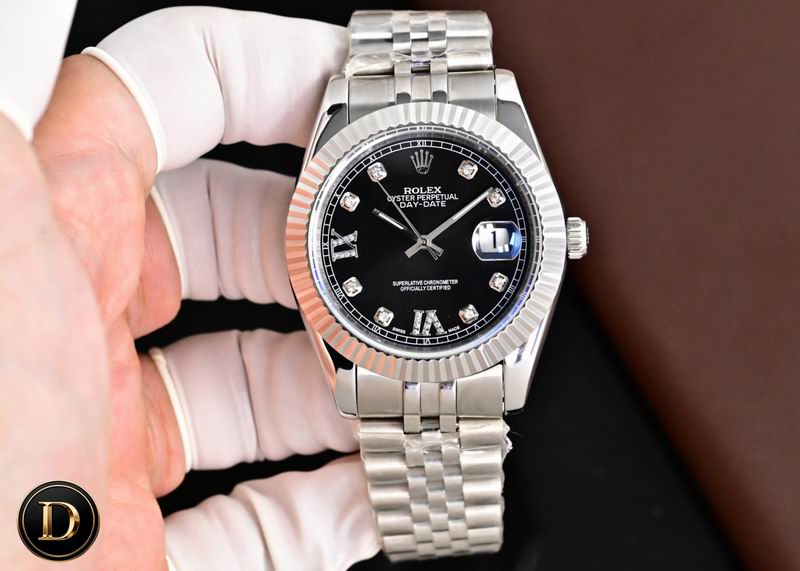 Rolex Date Watch with Black Dial and Fluted Bezel