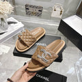 Chanel Quilted CC Slide Sandals, Beige
