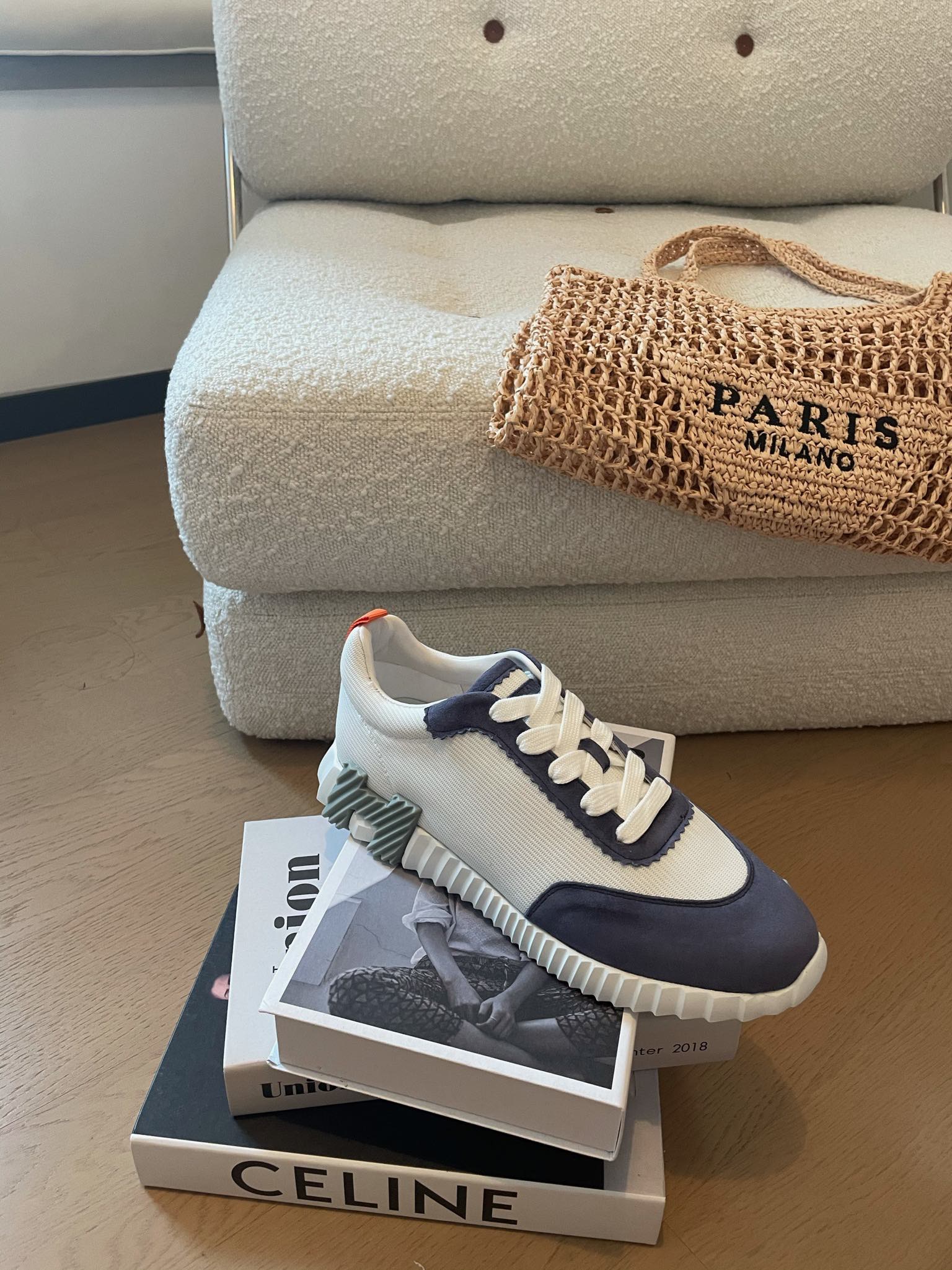 HERMES BOUNCING SNEAKERS LIGHT GRAY MIX NAVY CALFSKIN