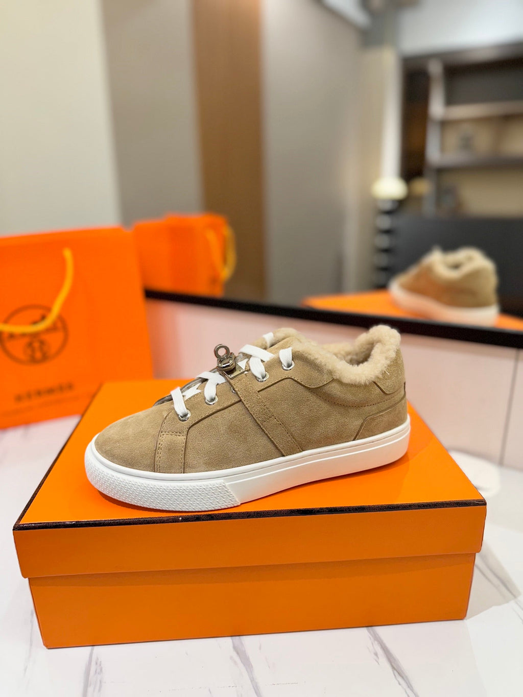 HERMES DAY SNEAKER IN TORTILLA BROWN SUEDE AND FLEECE LINING